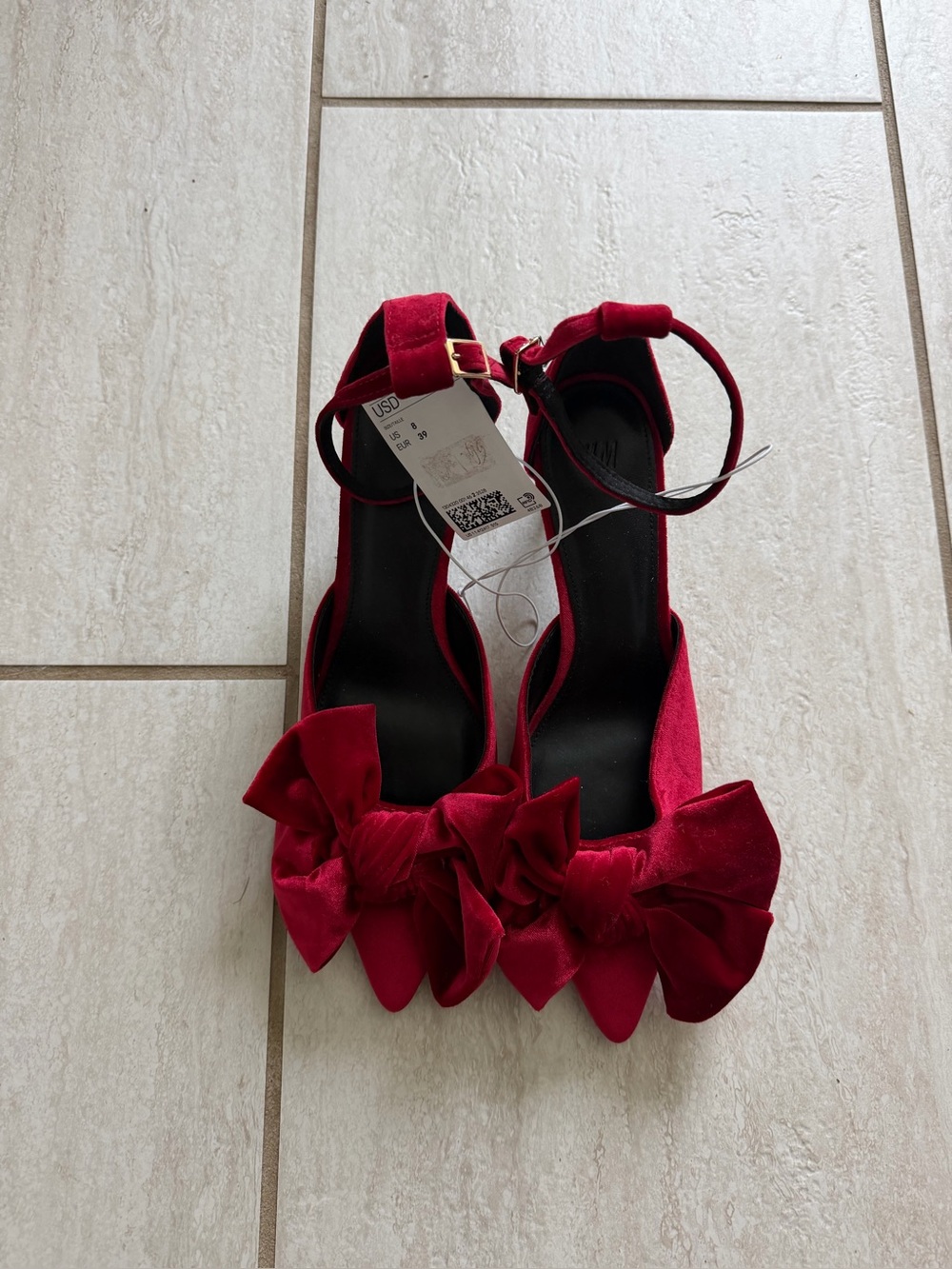 H&M Red Velvet Bow Ankle-Strap Heels